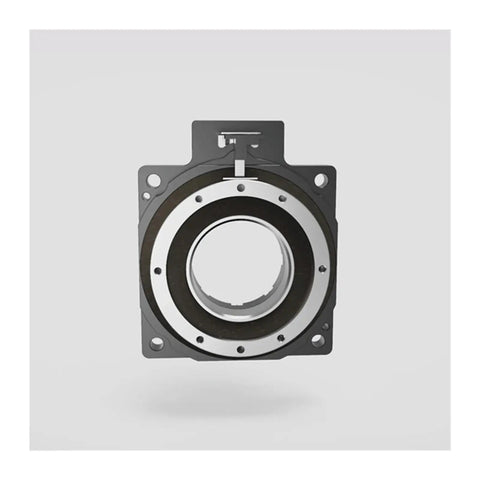 Rock Solid Hollow Rotary Actuator Featuring A True 360 Degree Swivel Stage And 18 To 1 Gearbox, front view, displaying clear center shaft.