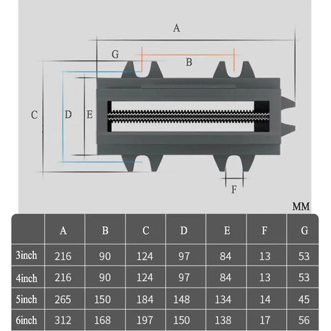 Hardened Steel Two Way Cross Slide Vise With Precise Laser Readout And Chunky Powder Coated Cast Iron For Drill Press Bench Mods And Cnc Milling Top Shelf Six Inch Jaw Rig dimensions chart with measurements.