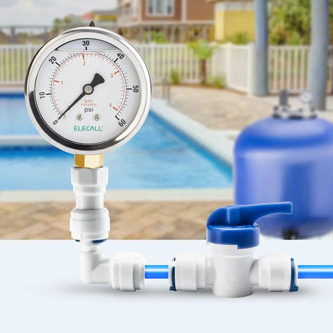 Pressure gauge Elecall front view, 60psi silicone oil-filled, 2-1/2-inch stainless steel case, lower mount 1/4 NPT