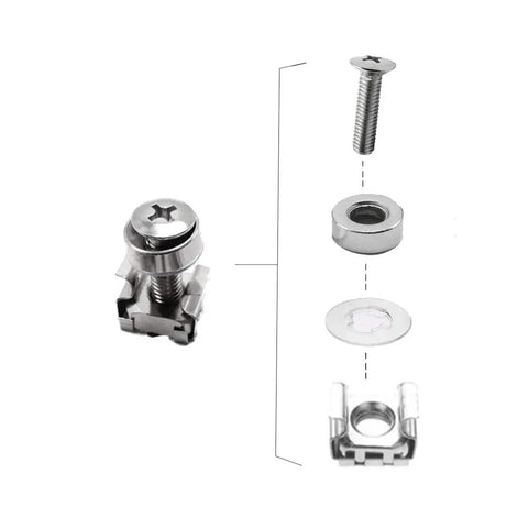 Heavy Duty M6 X 20mm Square Hole Cage Nuts Screws Washers Rack Mount Kit 100 Piece Set with zinc plated fasteners and washers.