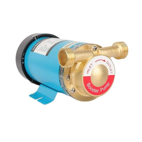 Plug And Play Home Water Booster Pump 115V 60Hz 120W With 1 Inch Outlet Automatic Shower Booster, blue and brass design.