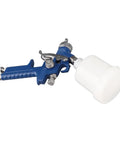 Xixian Pneumatic Spray Aluminum Alloy Transparent Pot Car Furniture Paint with blue spray gun and white container.