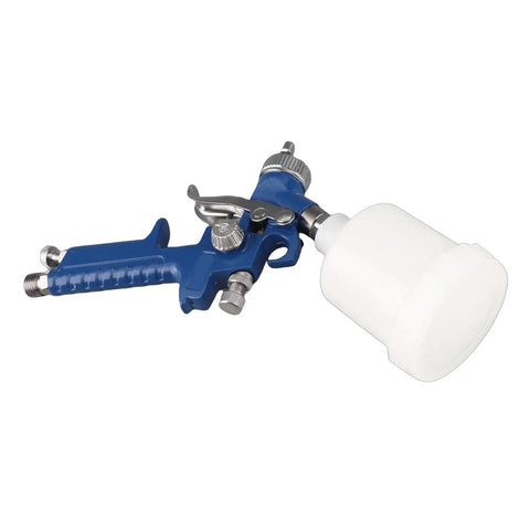 Xixian Pneumatic Spray Aluminum Alloy Transparent Pot Car Furniture Paint, compact blue spray gun with white container.