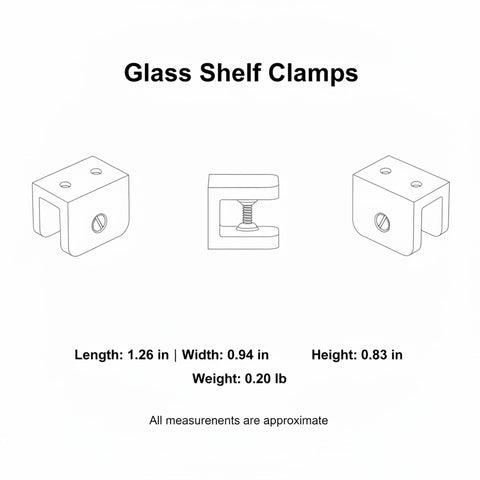 Diagram of Stainless Steel Glass Shelf Clamps For Tempered Glass Panels Wall Mount Bathroom Brackets, dimensions shown.