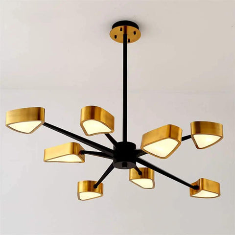 Modern Adjustable Pendant Chandelier With Gold Triangle Design For Dining Bedroom Living Room Kitchen Dope Brass Finish Easy Install Super Clean Vibe And Chill Lighting Mood, featuring six geometric gold shades.