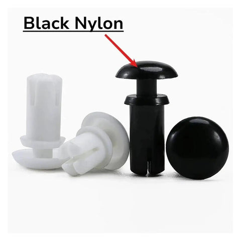 R Type Nylon Press Rivet Clip Expansion Anchor Plug Fastener for auto trim, includes black and white nylon plugs.