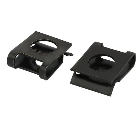 20 Piece Pack Of Badass Spring Steel U Nut Clips With Sharp Black Oxide Finish Fits M5 And ST4.8 Bolts, showing two clips from the front.