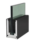 Rock Solid Frameless Glass Railing Kit With Aluminum Base Rail For 10 To 15 Mm Panels, showing black aluminum base with glass panel.