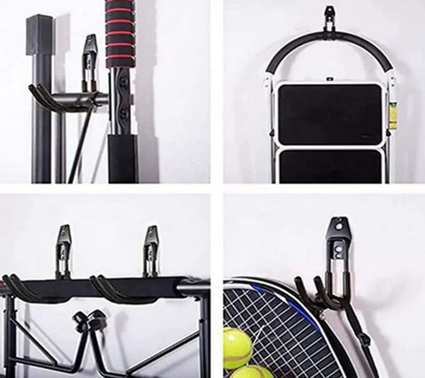 Various tools mounted on a heavy duty wall mount axe hanger and pickaxe holder for garage tools with anti-slip PVC coating, black.
