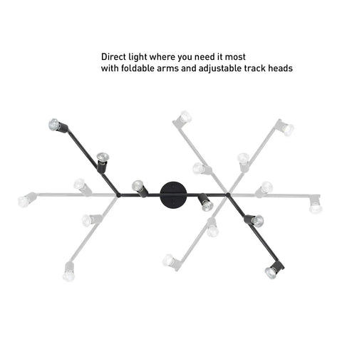 Top view of Six Light Foldable Track Lighting Kit With Adjustable Heads And Bendable Arms In Matte Black Finish, Dimmable GU10 Base.