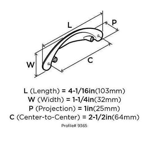 Diagram of Antique Rust Cabinet Cup Pull 2-1/2 Inch Center to Center 64 Mm showing dimensions and mounting holes.