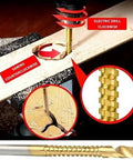 Step drill bit set, titanium-coated, 6-piece with gold bits, shown drilling into wood.