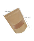 Resealable Kraft Paper Bags With Clear Window For Food Storage And Pantry Organization Pack Of 50 shown with dimensions
