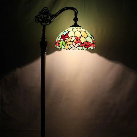 Tiffany Style Floor Lamp With Dope Stained Glass Shade In Red And Green Floral Arched Gooseneck Reading Light Bronze Base Tall 66 Inch Arc UL Certified Foot Switch, lit in dim room