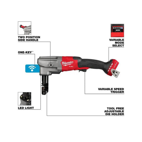 10 Gauge Nibbler With Variable Speed And Tool Free 360 Die Holder Rotation side view with LED light and adjustable handle