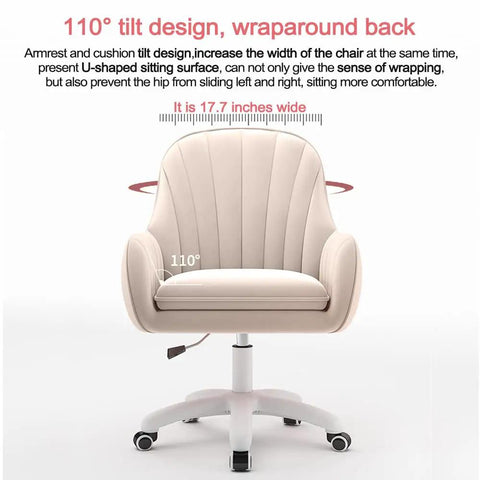 Cozy Velvet Desk Chair With Pillow showcasing 110° tilt design and wraparound back support on swivel wheels.