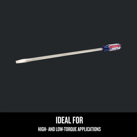 Heavy-Duty Three-Eighths-Inch By Sixteen-Inch Slotted Screwdriver With Acetate Handle, alloy steel blade, on black background