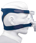 Blue CPAP headgear strap for full-face mask; replacement part compatible with Respironics/ResMed/Resmart; no clips.