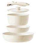 Ceramic Nonstick Pots And Pans Set With Detachable Handles, Space Saving 5 Piece RV Cookware shown stacked with handle and lid.
