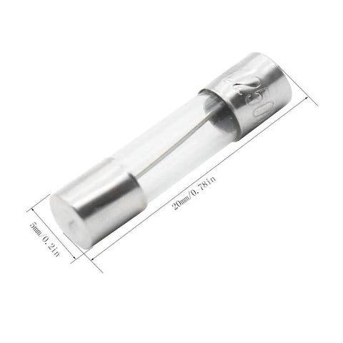 Close-up of a glass quick blow fuse 20mm x 5mm from the Inline Fuse Holder Kit With Ten 18 AWG Screw Type Fuse Holders And One Hundred Fifty Quick Blow 250V Fuses In Multiple Ratings From 0.1A To 15A For Auto And Electronics DIY Projects
