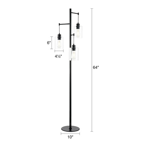 Black Floor Lamp With Three Glass Shade Branches Dope Industrial Tree Lamp For Living Room Or Office 64 Inch Tall Modern Farmhouse Style Includes Three 8W LED Edison Bulbs