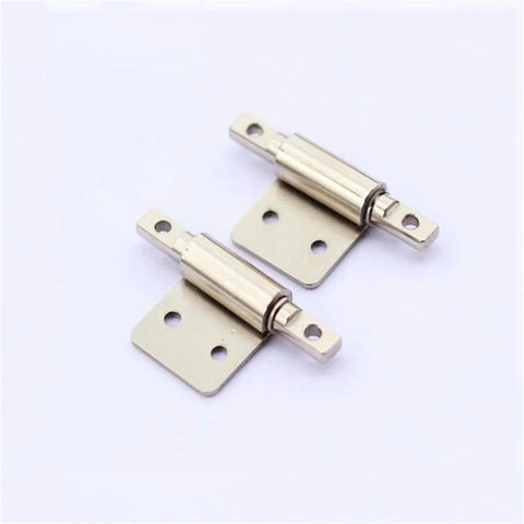 Angled front view of two silver carbon steel torque hinges with mounting plates