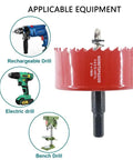 Close-up of a red 3 Inch Hole Saw With Arbor HSS Bi Metal Hole Cutter for use with various drills; labeled rechargeable, electric, bench.