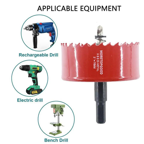 Close-up of a red 3 Inch Hole Saw With Arbor HSS Bi Metal Hole Cutter for use with various drills; labeled rechargeable, electric, bench.