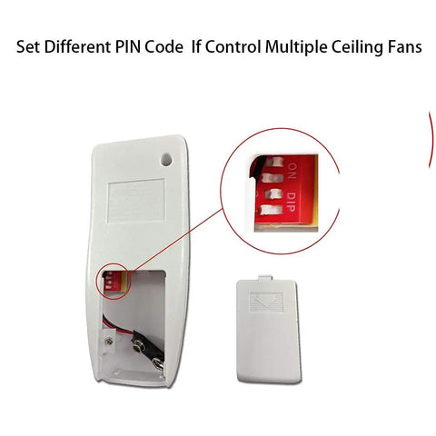 Back view of 2-Pack Universal Ceiling Fan Remote Kit showing PIN code settings.