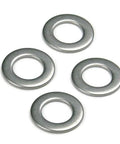 Set of four stainless steel washers for secure installation of Heavy Duty Stainless Steel License Plate Screws Damn Secure Fit For Trucks And Cars Deters Vandals With Snake Eye Design Includes Complete Spanner Pan Head Sheet Metal Screws Kit.