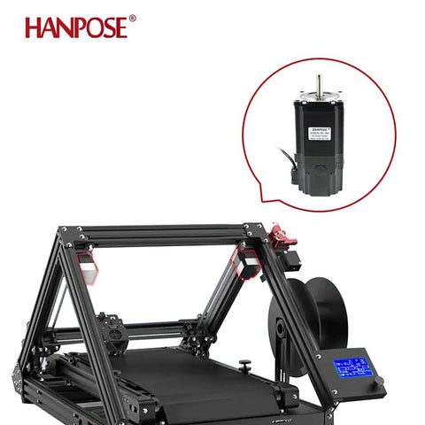 Hanpose Nema23 stepper motor with shaft, black body, shown with a CNC/3D printer frame
