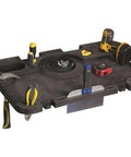 Zero Hassle Heavy Duty Baker Tool Tray For Active Job Sites With Six Foot Tool Deck Space And Quick Rung Mount Setup In Tough Black, featuring organized tools.