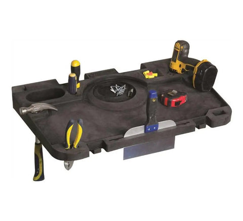 Zero Hassle Heavy Duty Baker Tool Tray For Active Job Sites With Six Foot Tool Deck Space And Quick Rung Mount Setup In Tough Black, featuring organized tools.