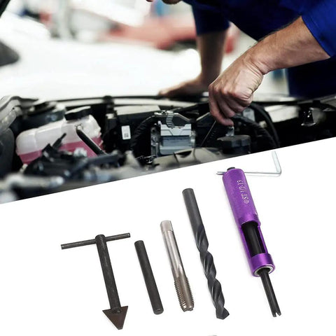 Half Inch 13 UNC Thread Repair Kit with DIY tool and inserts for repairing damaged threads in soft metals, shown with car engine.