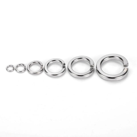 Set of stainless steel split lock washers in graduated sizes; 6 pieces shown.