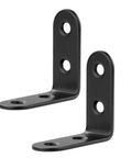 Super Heavy Duty Black Steel L Brackets 20 Pack Rock Solid Corner Reinforcements For Shelves Cabinets And Woodworking Joints 150 Millimeter Size detail view of two brackets with countersunk holes.