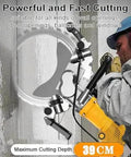 High Performance Brushless Electric Concrete Saw 5000W Ring Groove Cutter cutting through wall, showing maximum cut depth of 39cm.