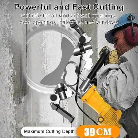 High Performance Brushless Electric Concrete Saw 5000W Ring Groove Cutter cutting through wall, showing maximum cut depth of 39cm.