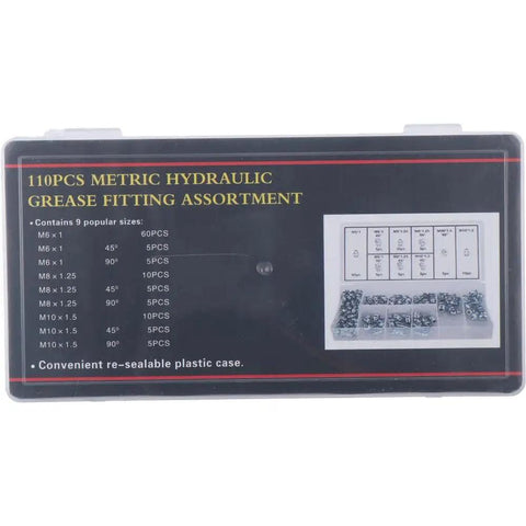 110 Pieces Grease Fittings Set For DIY Projects With 45 Degree And Straight Hydraulic Nipples For Metric Grease Fittings shown in box