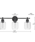 All In One 5 Piece Bathroom Set With 3 Light Vanity Fixture Matte Black Finish Clear Glass Shades Towel Bar Towel Ring Robe Hook And Toilet Paper Holder For A Slick Modern Industrial Look, showing front view with dimensions.