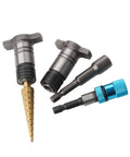 Heavy Duty Wide Base Pipe Clamps For Woodworking And Gluing Rust Resistant Steel Construction showing four tool attachments for woodworking projects