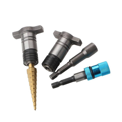 Heavy Duty Wide Base Pipe Clamps For Woodworking And Gluing Rust Resistant Steel Construction showing four tool attachments for woodworking projects