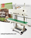 Automatic Vacuum Tray Sealer And Solid Workhorse Professional Sealing Unit With Smooth Conveyor Belt For Plug And Play Food Packaging And Quick Daily Seal Runs Every Single Day with a green conveyor belt and coffee bag.