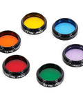 Six Pack 1.25 Inch Telescope Filter Set Nebula Color Filters For Eyepieces, six colors displayed, astronomy tool in aluminum housing.