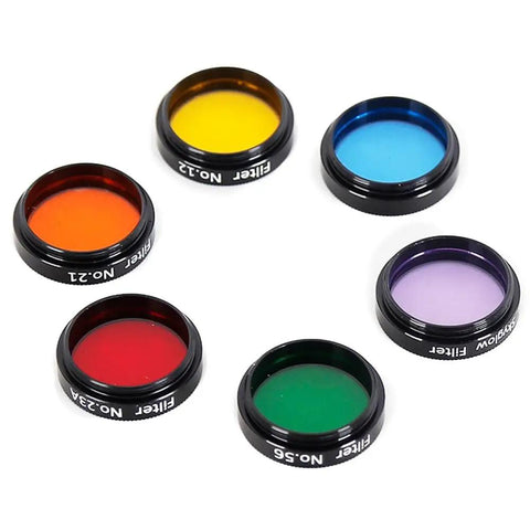 Six Pack 1.25 Inch Telescope Filter Set Nebula Color Filters For Eyepieces, six colors displayed, astronomy tool in aluminum housing.