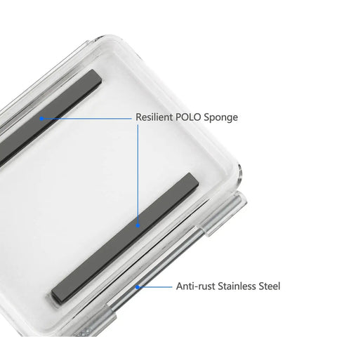 Interior detail showing Resilient POLO Sponge and Anti-rust Stainless Steel of Beast Mode Waterproof Dive Case For GoPro Hero 3 3 Plus And 4 Black Silver Up To 40 Meters Underwater Housing For Surfing Snorkeling And Extreme Ocean Adventures.