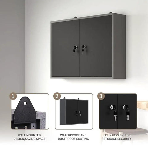 Beefy Metal Wall Mounted Tool Cabinet With Lockable Doors For Garage And Basement Workshop Pegboard Upper Cabinet And Removable Shelves Black And Grey