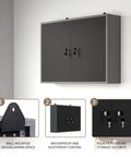 Front view of beefy metal wall mounted tool cabinet with lockable doors for garage and basement workshop, black and grey