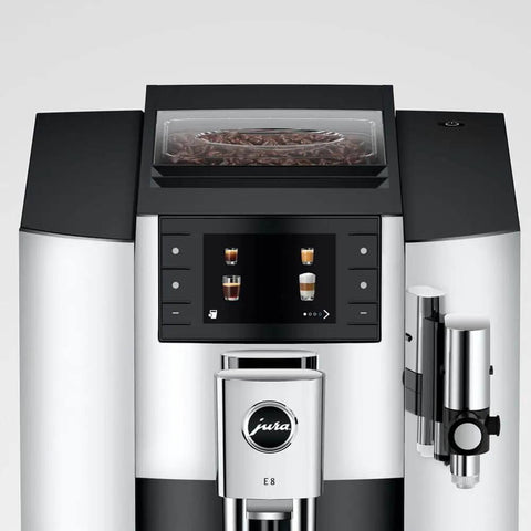 Level Up Your Daily Grind With This Sleek Chrome Automatic Coffee Machine Boasting One Touch Operation Built In Grinder And Rich Foam Frother For A Real Deal Barista Experience Certified Refurbished, top view showing bean container and control panel.