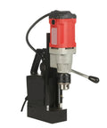 Portable Magnetic Drill Press For Metal Core Drilling And Tapping, Strong Base Electric Mag Drill Tool Ideal For Industrial Use And Home Improvement Projects On Steel Surfaces in red and gray.